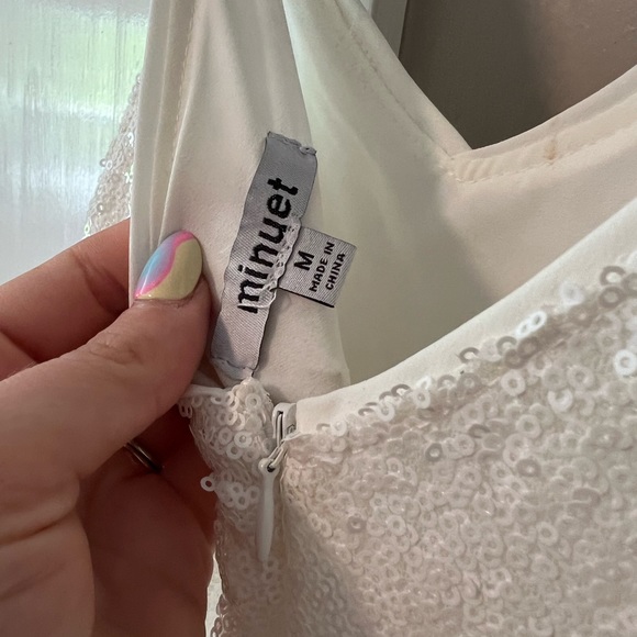 White Mini Sequin Dress with Faux Feathers size Medium - Picture 4 of 4